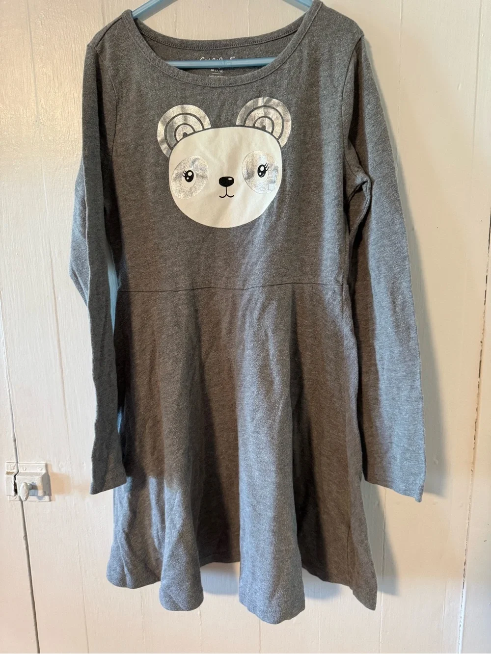 Girls' Gray Long-Sleeve Bear Graphic Dress